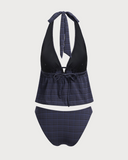 Sueña™ Siyah Derin V Yaka Ekose Tankini Mayo