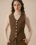 Kahverengi V Yakalı Düğmeli Kolsuz Yelek