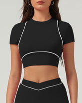 Sueña™ Siyah Yuvarlak Yaka Yoga Kısa Kollu Üst - Hafif Destek