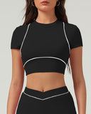 Sueña™ Siyah Yuvarlak Yaka Yoga Kısa Kollu Üst - Hafif Destek