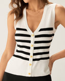 Sueña Beyaz Çizgili Düğmeli Örgü Atlet