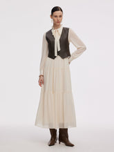 Şifon Önden Bağlamalı Uzun Elbise Ve Pu Deri Yelek İki Parçalı Set