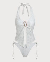 Sueña™ Beyaz Örme Düzensiz Metal Yırtmaçlı Tankini Mayo