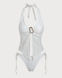 Sueña™ Beyaz Örme Düzensiz Metal Yırtmaçlı Tankini Mayo