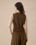 Kahverengi V Yakalı Düğmeli Kolsuz Yelek