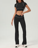 Sueña™ Siyah Yuvarlak Yaka Yoga Kısa Kollu Üst - Hafif Destek