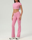 Sueña™ Pembe Yuvarlak Yaka Kısa Kollu Yoga Üstü - Hafif Destek