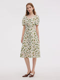 Asetat Karışımlı Çiçek Desenli Kadın V Yaka Midi Elbise Kemerli