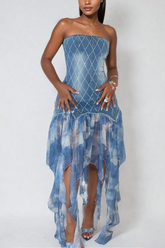 Aahana Straplez Desenli Püsküllü Maxi Elbise