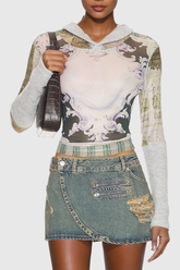 Abcde Baskı Kapüşonlu Bodycon Üst