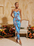 Spaghetti Leopar Midi Elbise Mavi