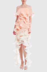 Afanen Fırfırlı Fileli Düşük Omuz Maxi Elbise