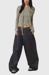 Afya Düşük Bel Düğmeli Geniş Kot