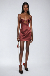 Alaula Çiçek Kesimli Straplez Saten Mini Elbise