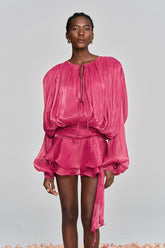 Aminah Balon Kollu Rüslü Mini Elbise Gül Kırmızısı