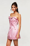 Ananiasz Askısız Fiyonklu Dar Pembe Mini Elbise