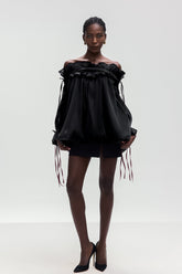 Aneirin Omuz Açık File Volanlı Siyah Üst