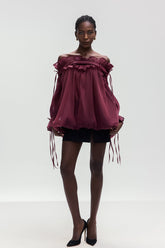 Aneirin Omuz Açık Kırmızı File Volanlı Üst