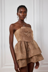 Angelique Çiçek Fileli Kapalı Omuz Mini Elbise