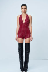 Anisa Kırmızı Renkli Rhinestone Sırtı Açık Body