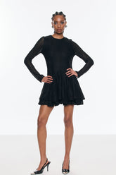 Annelise Uzun Kollu Kesik Volanlı Mini Elbise Siyah