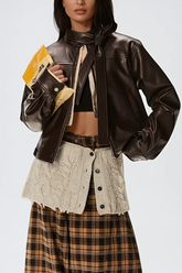 Annika Siyah Stand Yaka Fiyonklu Deri Ceket