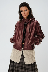 Annika Kırmızı Stand Yaka Fiyonklu Deri Ceket