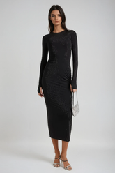 Anoki Siyah Taşlı Dar Kesim Uzun Elbise