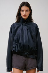 Anong Siyah Renk Yakalı Deri Ceket