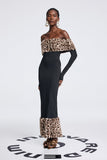 Anya Omuz Açık Leopar Uzun Elbise