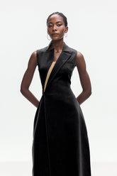 Ardon Asimetrik Bölünmüş Kolsuz Siyah Uzun Elbise