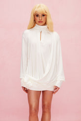 Ariella Çiçek Kesikli Fileli Dantel Mini Elbise Beyaz