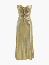 Metalik Kesik Detaylı Simli Maxi Elbise