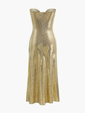 Metalik Kesik Detaylı Simli Maxi Elbise