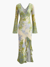 Desenli Uzun Kollu V Yaka Maxi Elbise