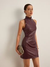 Dik Yaka Suni Deri Skinny Tank Elbise