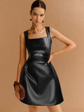 Şık Suni Deri Askılı Fermuarlı Elbise