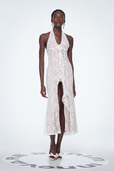 Badriya Dantel Askılı Yaka Bölünmüş Uzun Elbise