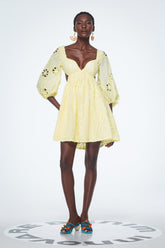 Bahdan Sarı Renkli Kesik Balon Kol Volanlı Mini Elbise