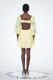 Bahdan Sarı Renkli Kesik Balon Kol Volanlı Mini Elbise