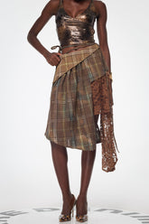 Bahman Patchwork Asimetrik Ekose Midi Etek