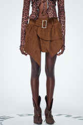 Bakar Süet Asimetrik Volanlı Mini Etek