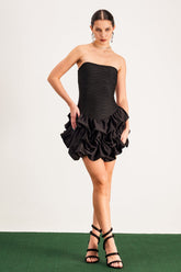 Baldric Straplez Ruch Puf Mini Elbise Siyah