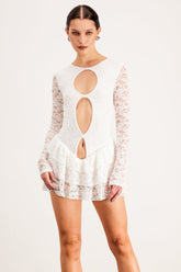 Balendin Dantel Kesikli File Mini Elbise Beyaz