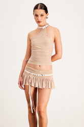 Balqis Tek Omuzlu Kırışık Etek Takımı Haki