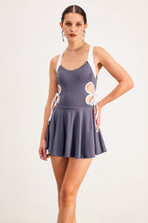 Baptist Ruffle Lace Up Mini Elbise Gri