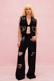 Beat Rhinestone Cutout Love Kot Pantolon Takımı