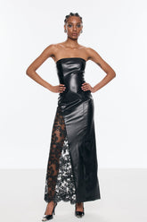 Benetton Dantel Straplez Çiçekli Deri Uzun Elbise