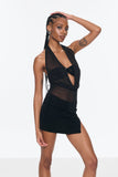 Beno Mesh Plunge Ruch Halter Yaka Mini Elbise