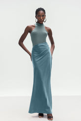 Beres Saten Mavi Uzun Elbise